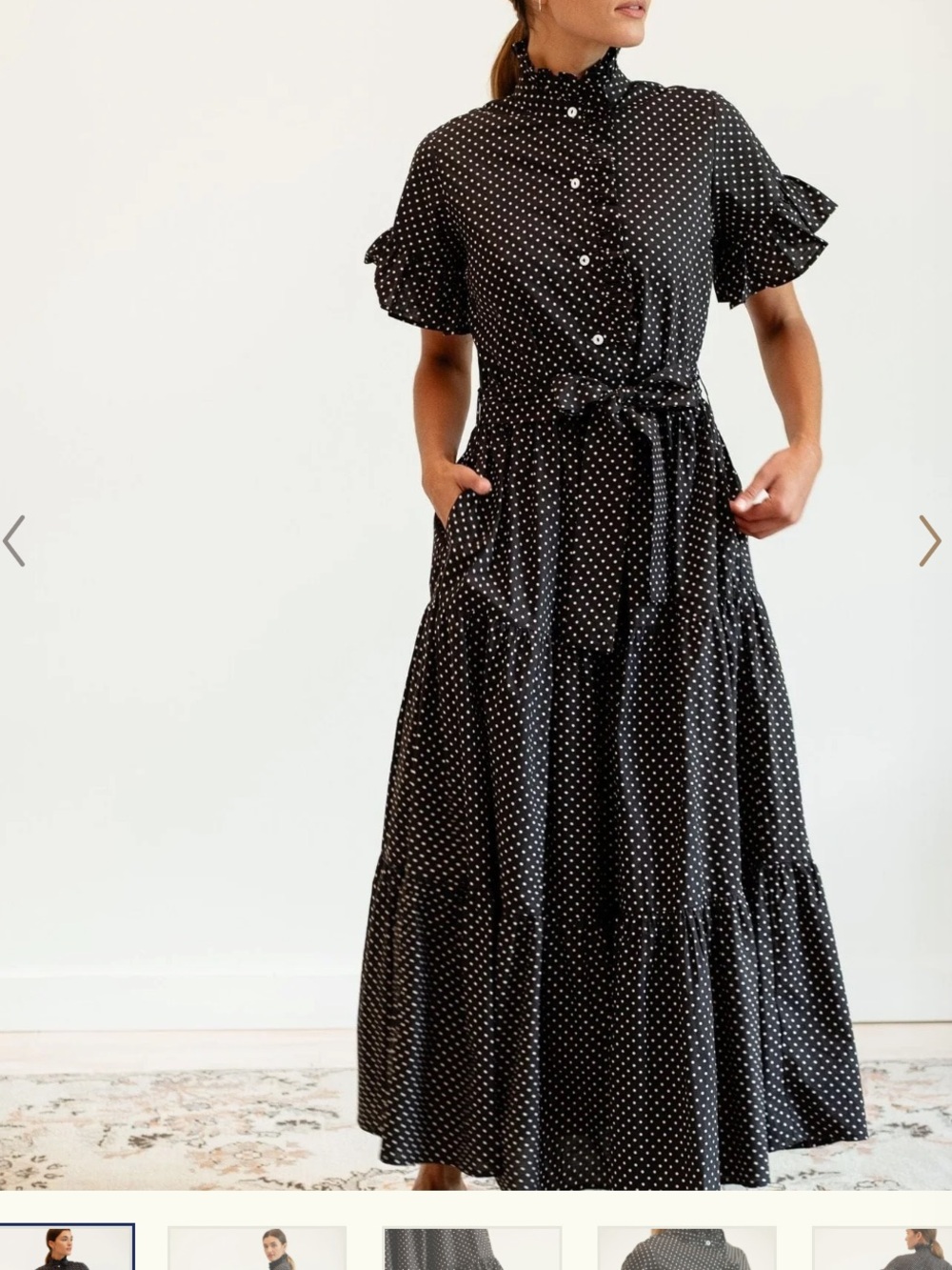 Mille Victoria Black Polka Dot Maxi Dress with Ruffle Collar and Tie Waist